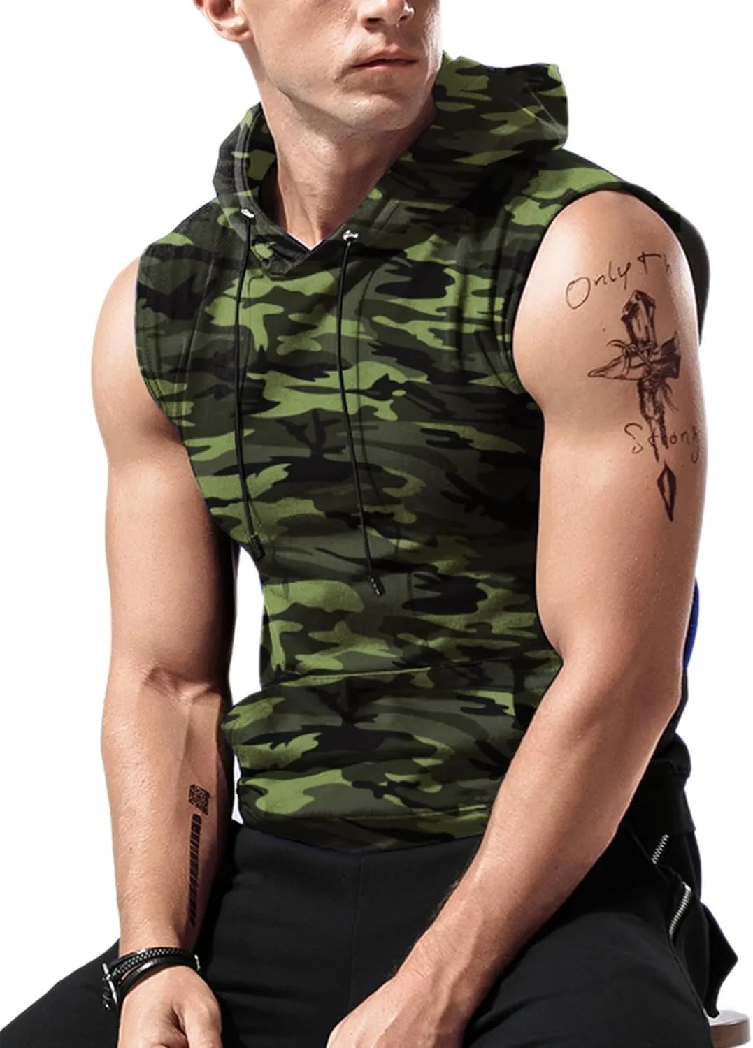 Amussiar Men's Workout Hooded Tank Tops Sleeveless Gym Training Hoodies Bodybuilding Muscle Cut Off T Shirt