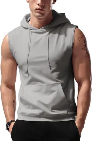 Amussiar Men's Workout Hooded Tank Tops Sleeveless Gym Training Hoodies Bodybuilding Muscle Cut Off T Shirt