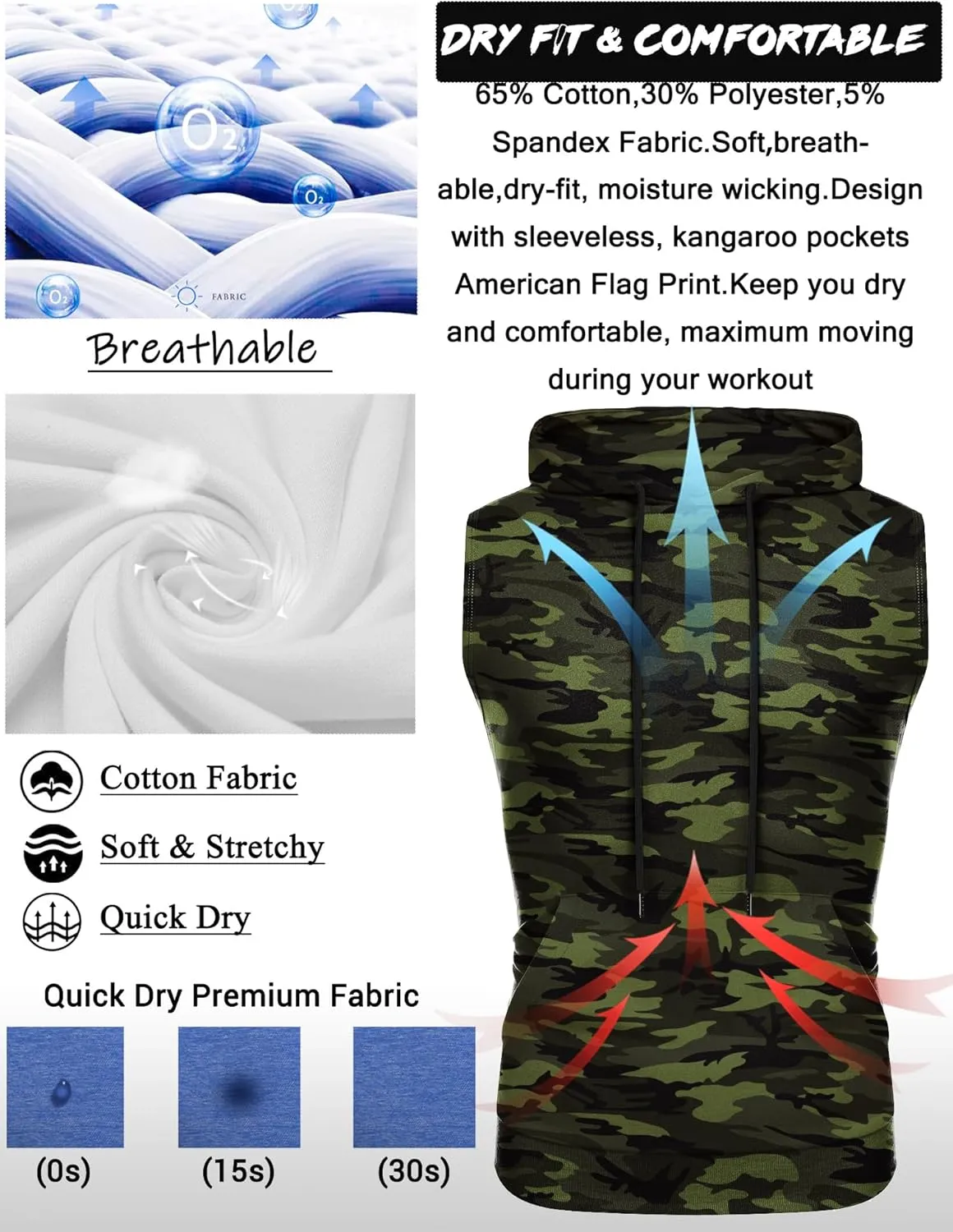 Amussiar Men's Workout Hooded Tank Tops Sleeveless Gym Training Hoodies Bodybuilding Muscle Cut Off T Shirt