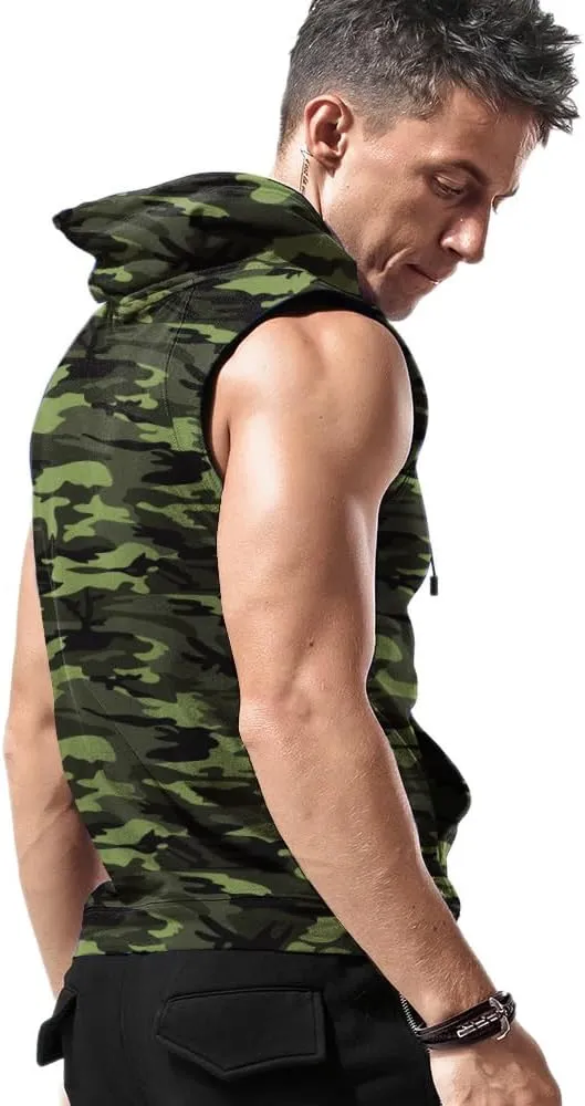 Amussiar Men's Workout Hooded Tank Tops Sleeveless Gym Training Hoodies Bodybuilding Muscle Cut Off T Shirt