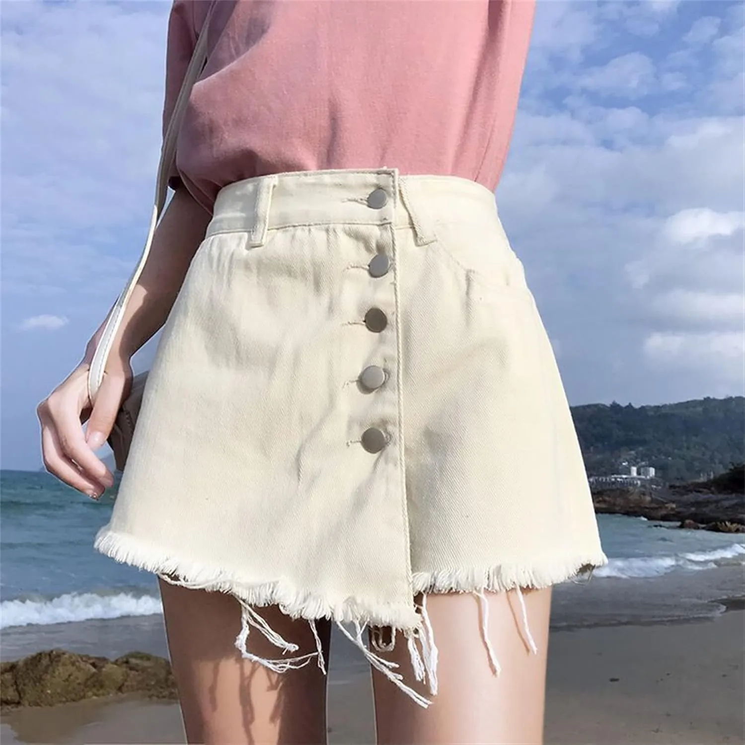 Andongnywell Women's High Waisted Button Front Denim Skort Asymmetrical Hem Skirt Shorts Adjustable Fork