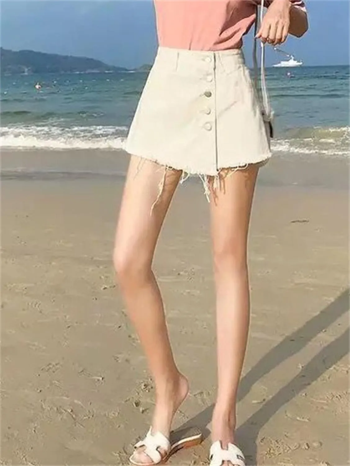 Andongnywell Women's High Waisted Button Front Denim Skort Asymmetrical Hem Skirt Shorts Adjustable Fork