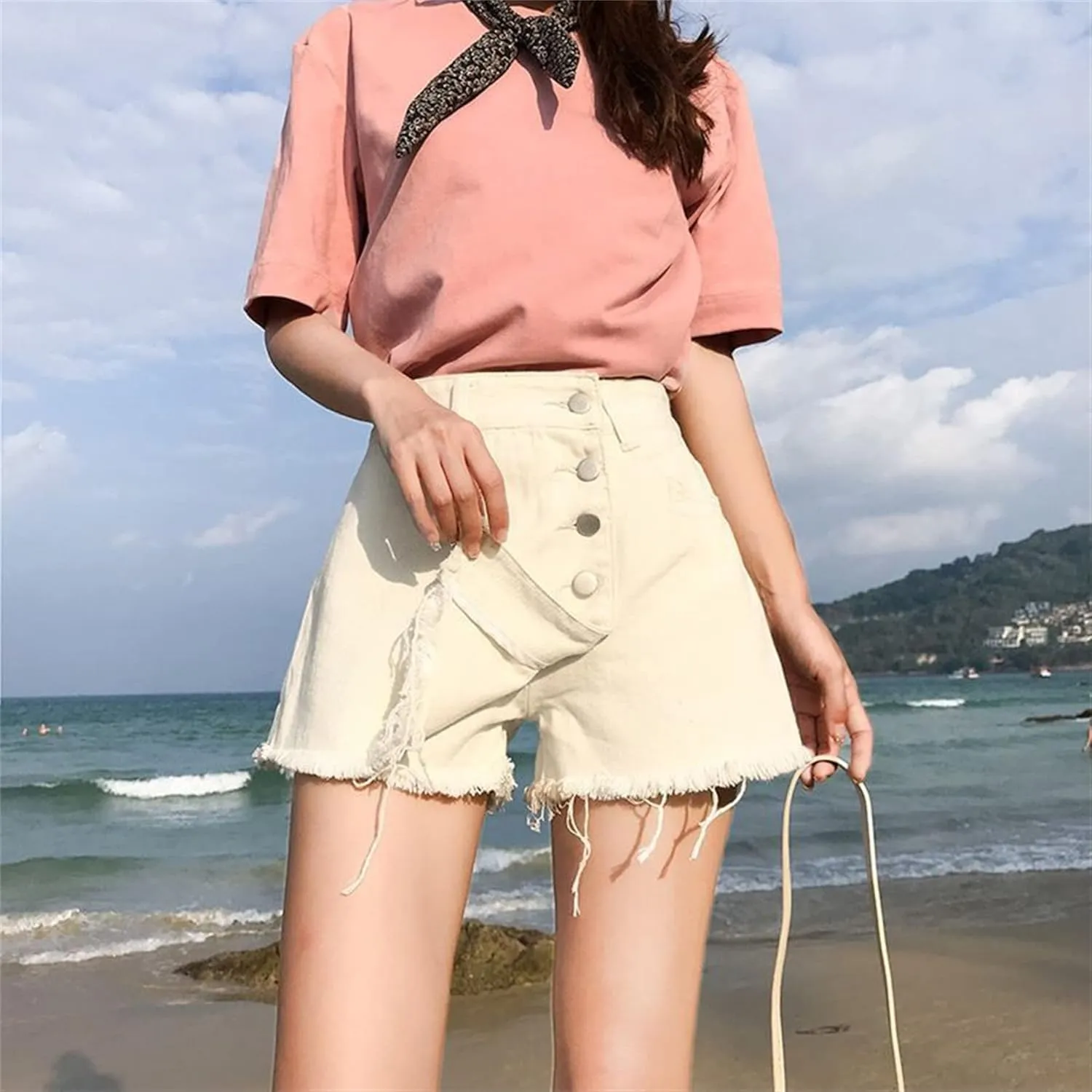 Andongnywell Women's High Waisted Button Front Denim Skort Asymmetrical Hem Skirt Shorts Adjustable Fork