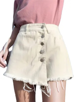 Andongnywell Women's High Waisted Button Front Denim Skort Asymmetrical Hem Skirt Shorts Adjustable Fork