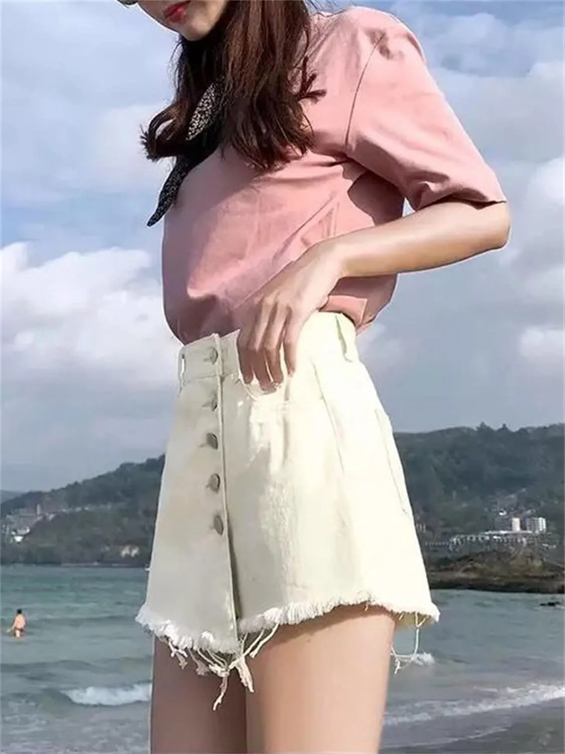 Andongnywell Women's High Waisted Button Front Denim Skort Asymmetrical Hem Skirt Shorts Adjustable Fork