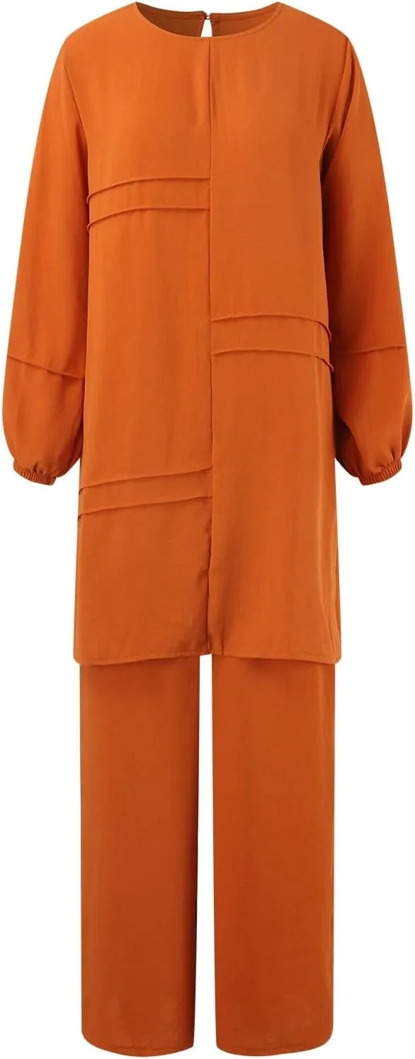 Aniywn Muslim Casual 2 Piece Set for Women Long Sleeve Loose Top Wide Leg Pants Suit Plus Size Outfit Prayer Clothes No Hijab