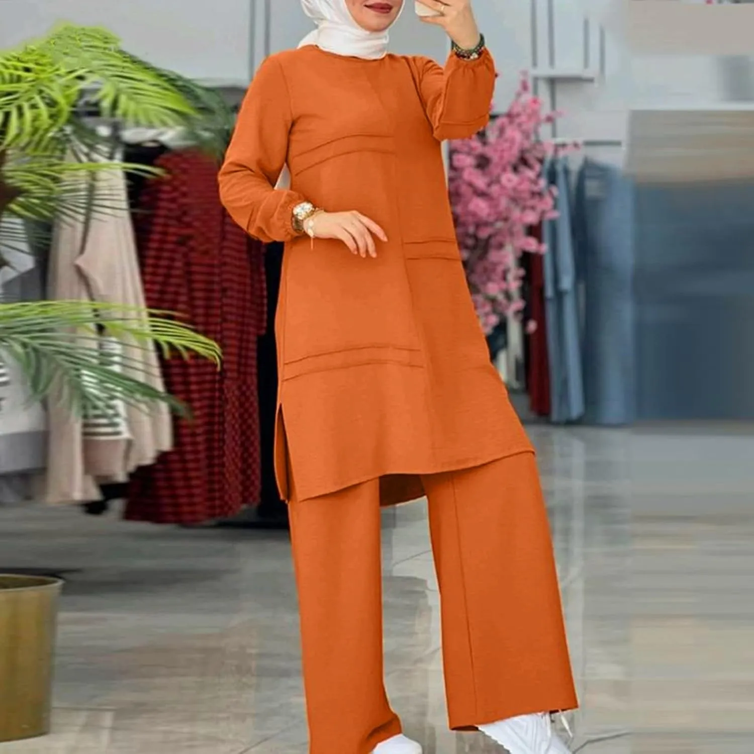 Aniywn Muslim Casual 2 Piece Set for Women Long Sleeve Loose Top Wide Leg Pants Suit Plus Size Outfit Prayer Clothes No Hijab