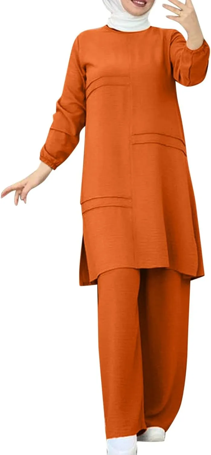 Aniywn Muslim Casual 2 Piece Set for Women Long Sleeve Loose Top Wide Leg Pants Suit Plus Size Outfit Prayer Clothes No Hijab