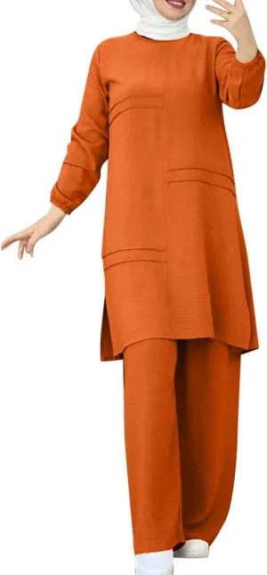 Aniywn Muslim Casual 2 Piece Set for Women Long Sleeve Loose Top Wide Leg Pants Suit Plus Size Outfit Prayer Clothes No Hijab
