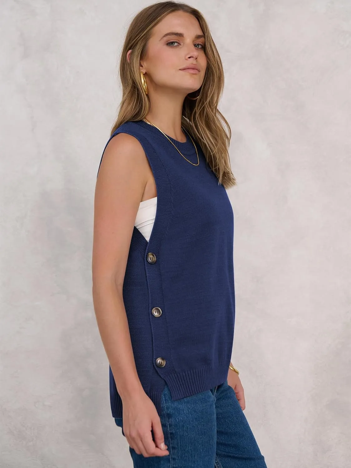 ANRABESS Womens Sweater Vest Summer Sleeveless Crewneck Ribbed Knit Side Button Pullover Tank Tops 2025 Outfits
