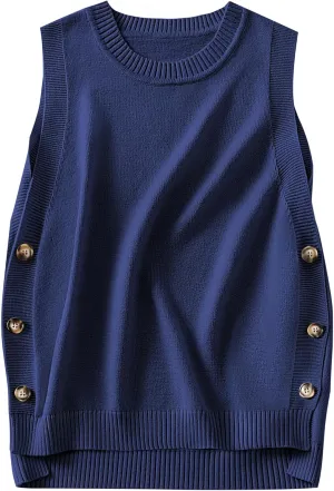 ANRABESS Womens Sweater Vest Summer Sleeveless Crewneck Ribbed Knit Side Button Pullover Tank Tops 2025 Outfits