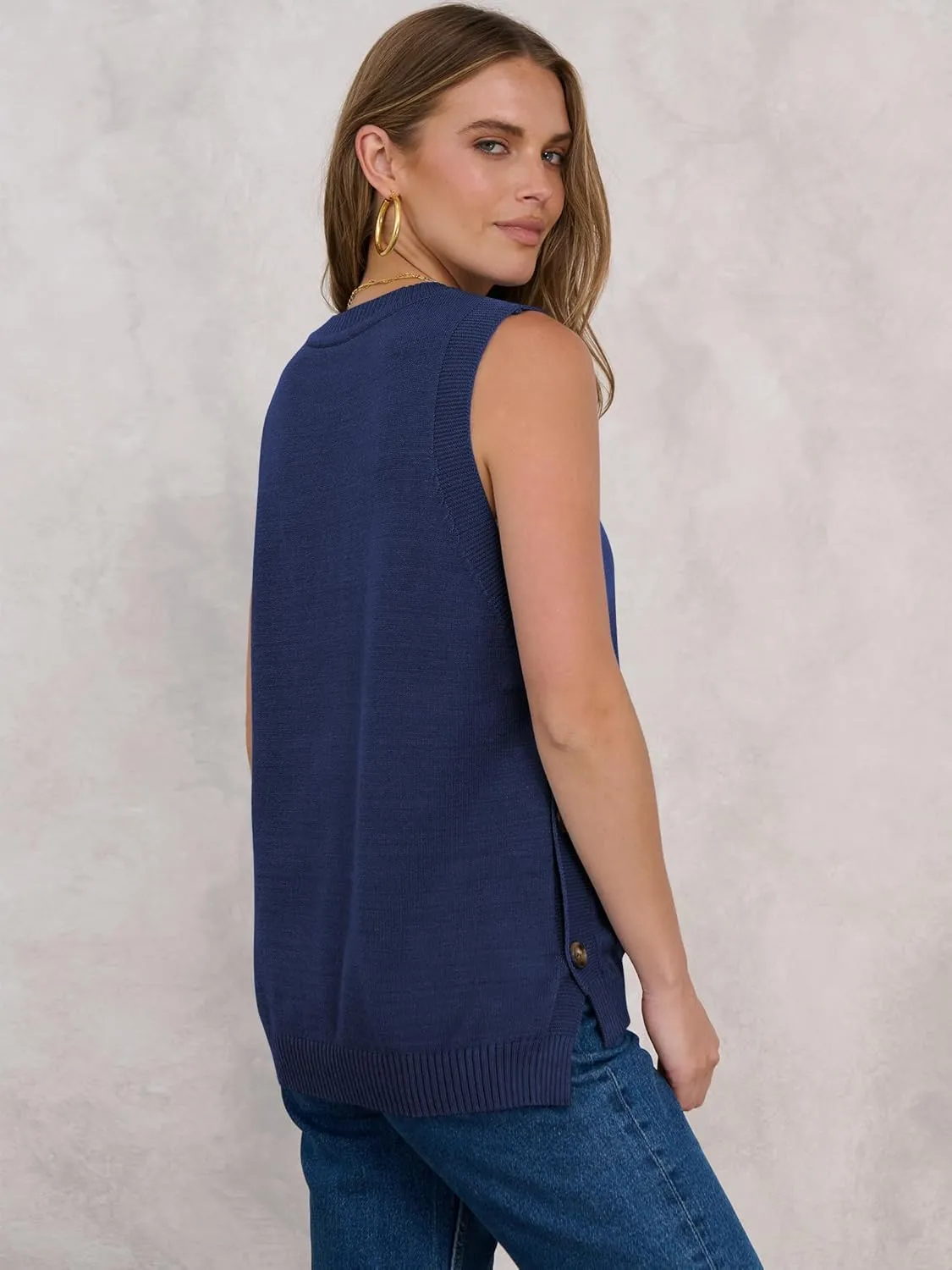 ANRABESS Womens Sweater Vest Summer Sleeveless Crewneck Ribbed Knit Side Button Pullover Tank Tops 2025 Outfits