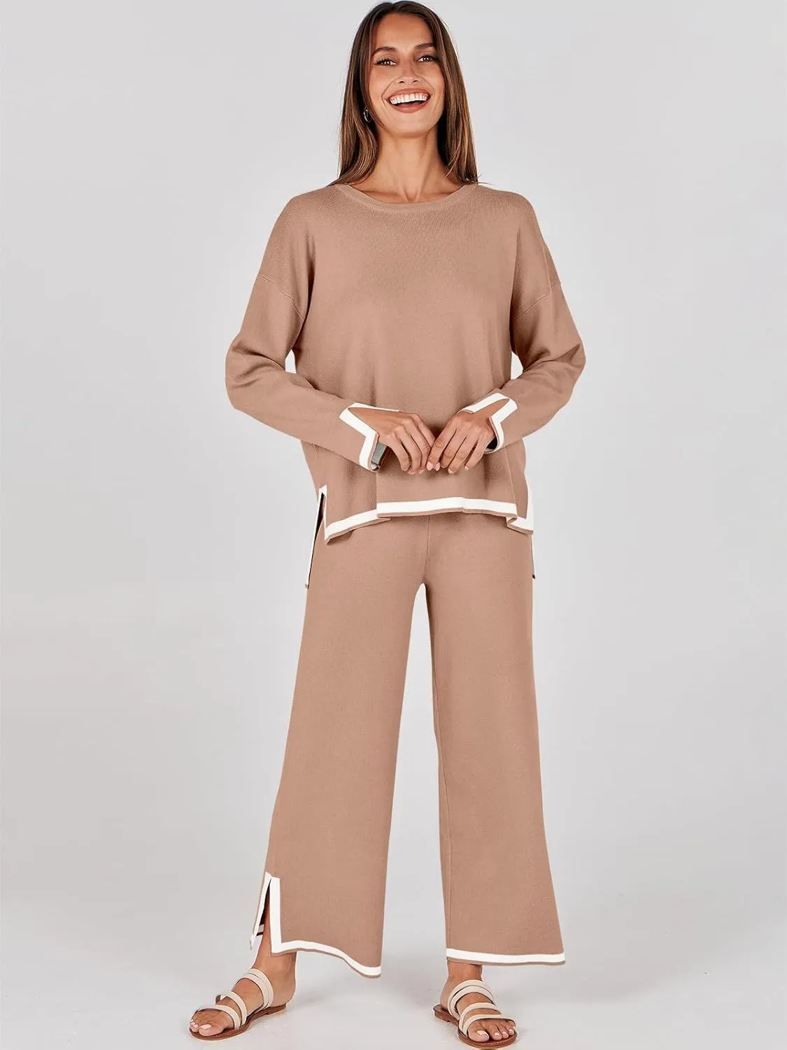 ANRABESS Women's Two Piece Outfits Knit Pullover Sweater Tops & Wide leg Pants Lounge Matching Sweatsuit Tracksuits Sets