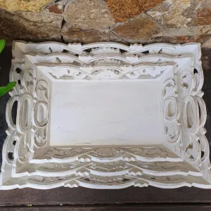Antique Carved Wooden Tray Set