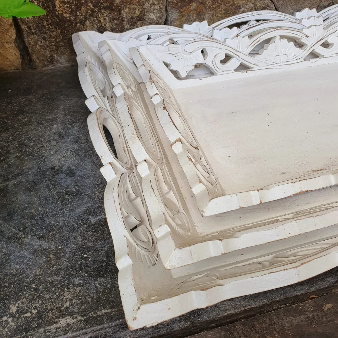 Antique Carved Wooden Tray Set