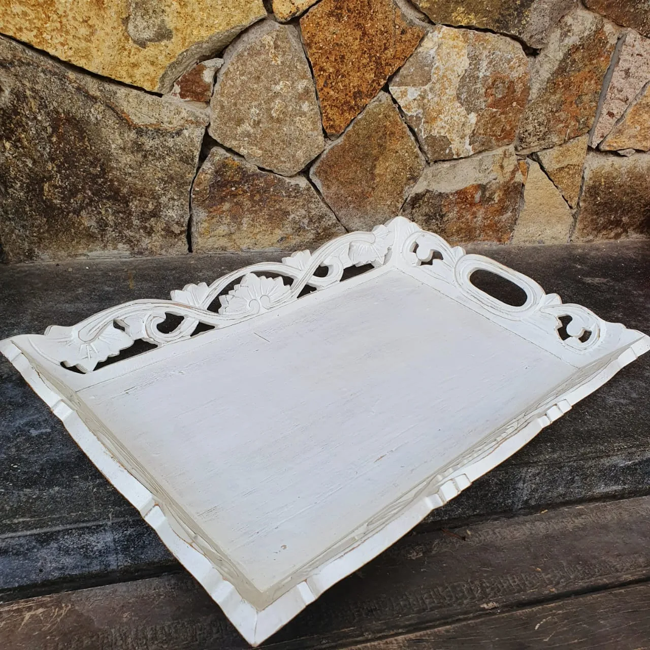 Antique Carved Wooden Tray Set