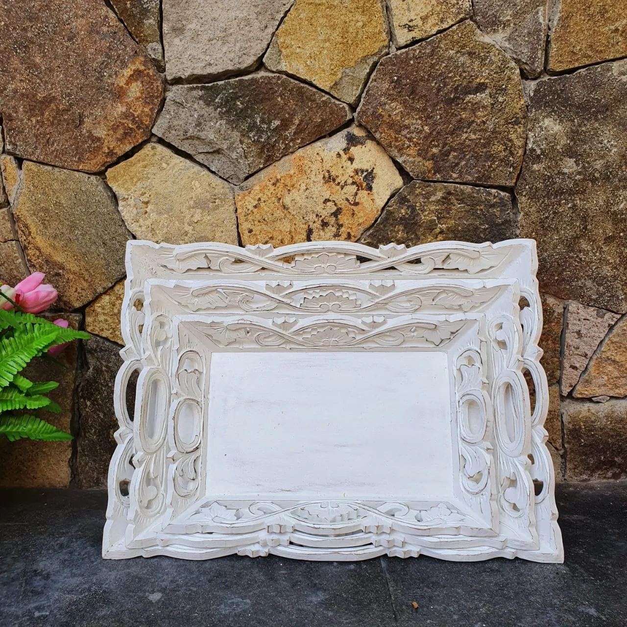 Antique Carved Wooden Tray Set