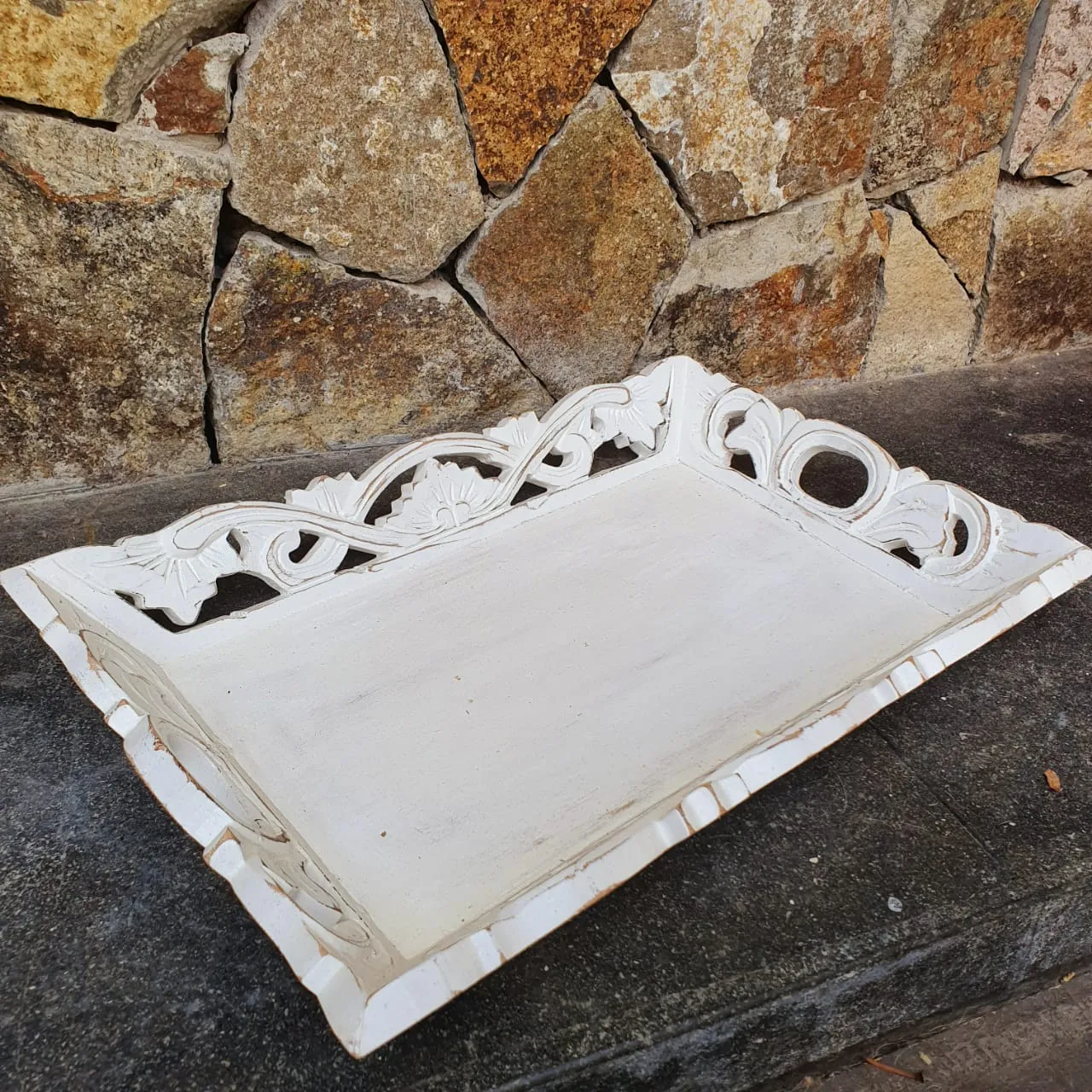 Antique Carved Wooden Tray Set
