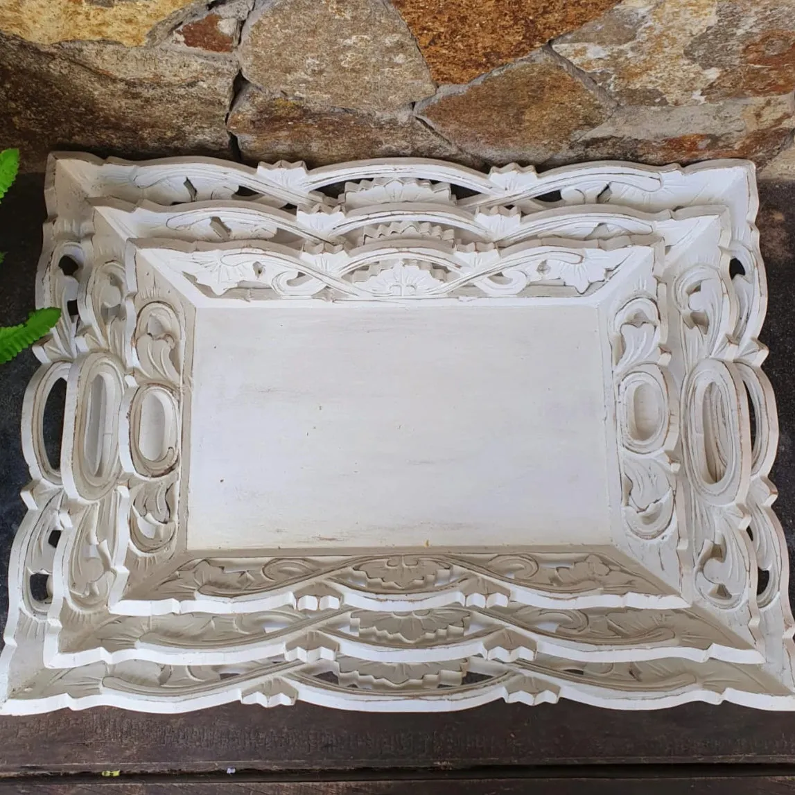 Antique Carved Wooden Tray Set