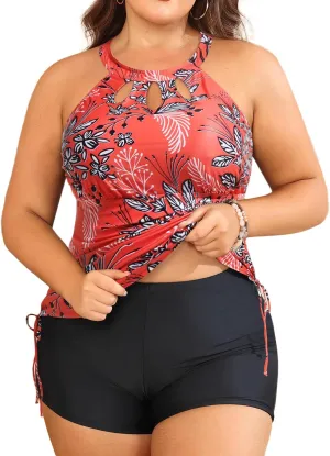 Aqua Eve Women Two Piece Plus Size Swimsuit High Neck Tankini Set Tummy Control Bathing Suit with Shorts