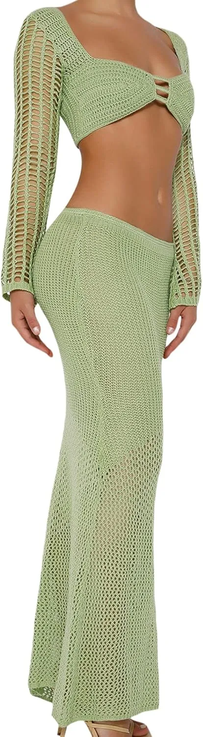 Awoscut 2 Piece Knit Skirt Sets for Women Cover Up Summer Beach Outfits Crochet Hollow Out Bikini Top   Maxi Skirt Set