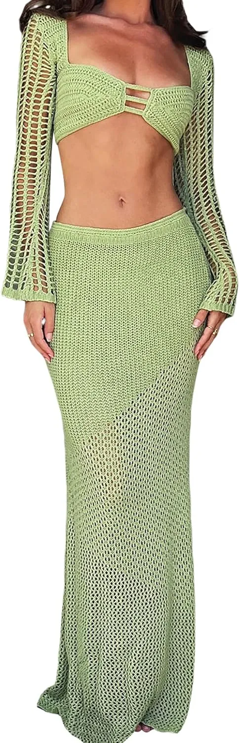 Awoscut 2 Piece Knit Skirt Sets for Women Cover Up Summer Beach Outfits Crochet Hollow Out Bikini Top   Maxi Skirt Set
