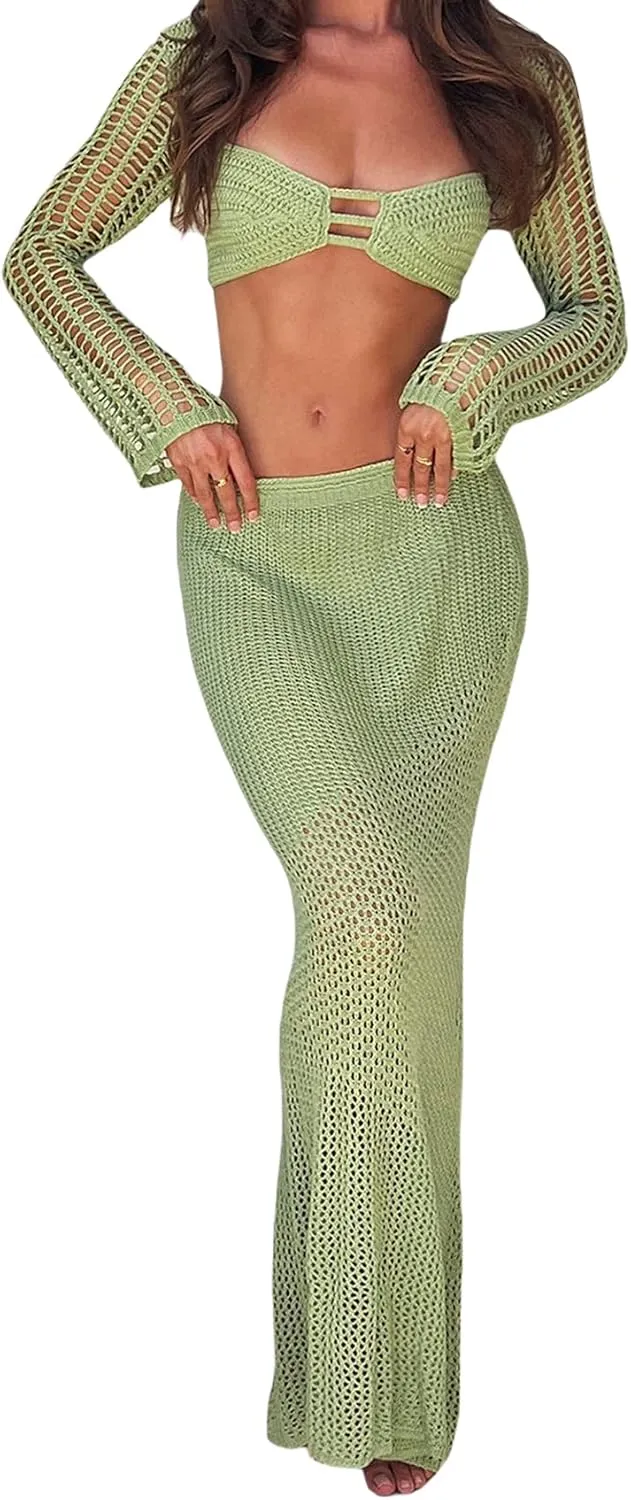 Awoscut 2 Piece Knit Skirt Sets for Women Cover Up Summer Beach Outfits Crochet Hollow Out Bikini Top   Maxi Skirt Set