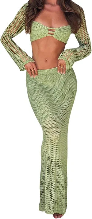 Awoscut 2 Piece Knit Skirt Sets for Women Cover Up Summer Beach Outfits Crochet Hollow Out Bikini Top   Maxi Skirt Set
