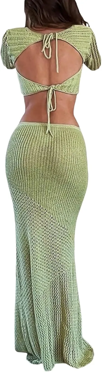 Awoscut 2 Piece Knit Skirt Sets for Women Cover Up Summer Beach Outfits Crochet Hollow Out Bikini Top   Maxi Skirt Set