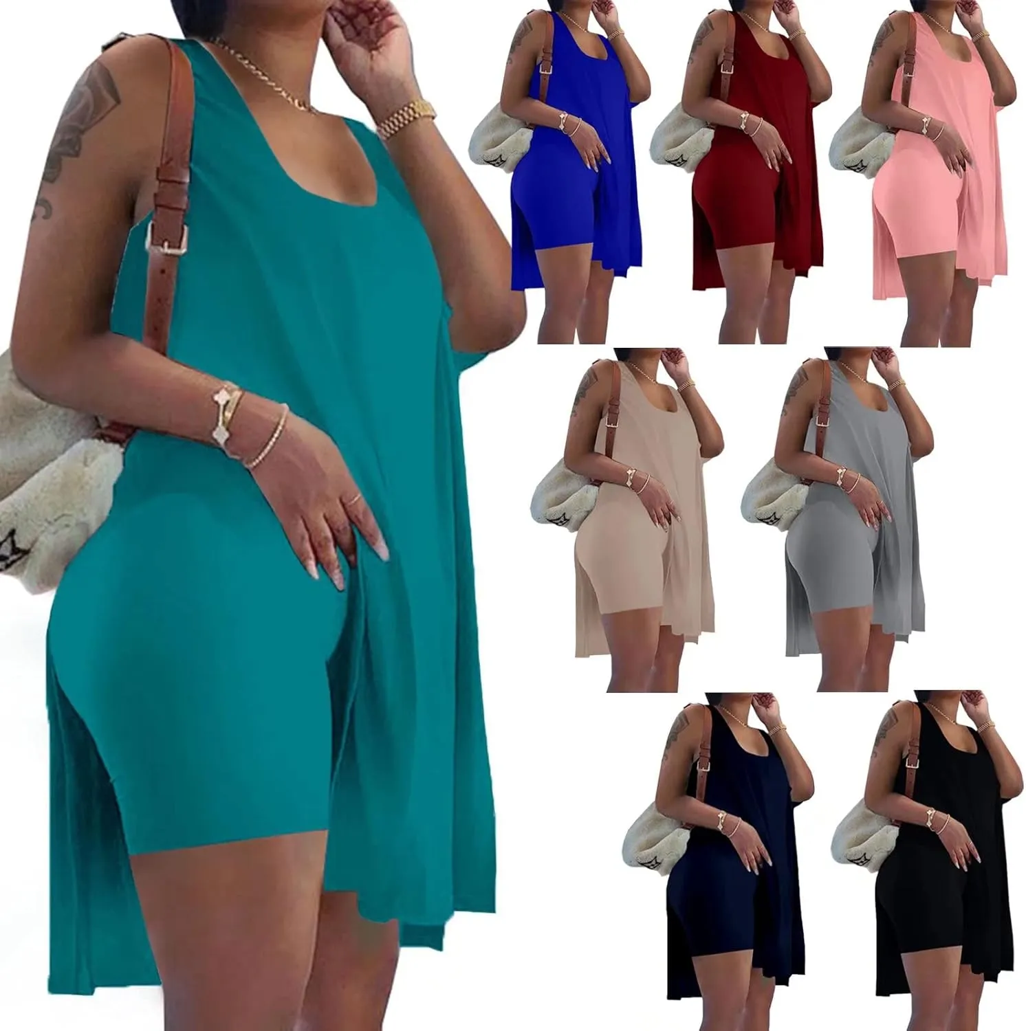 AXOSY Women's Plus Size 2 Piece Outfits Sleeveless Tunic Tops and Bodycon Biker Shorts Sets Tracksuits