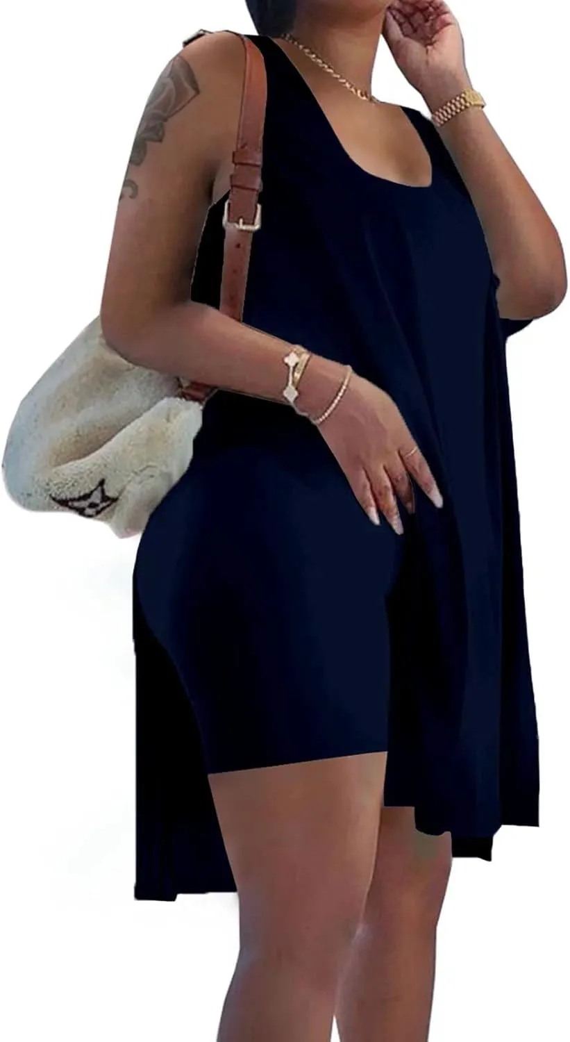 AXOSY Women's Plus Size 2 Piece Outfits Sleeveless Tunic Tops and Bodycon Biker Shorts Sets Tracksuits