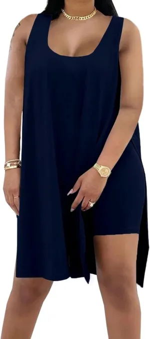 AXOSY Women's Plus Size 2 Piece Outfits Sleeveless Tunic Tops and Bodycon Biker Shorts Sets Tracksuits