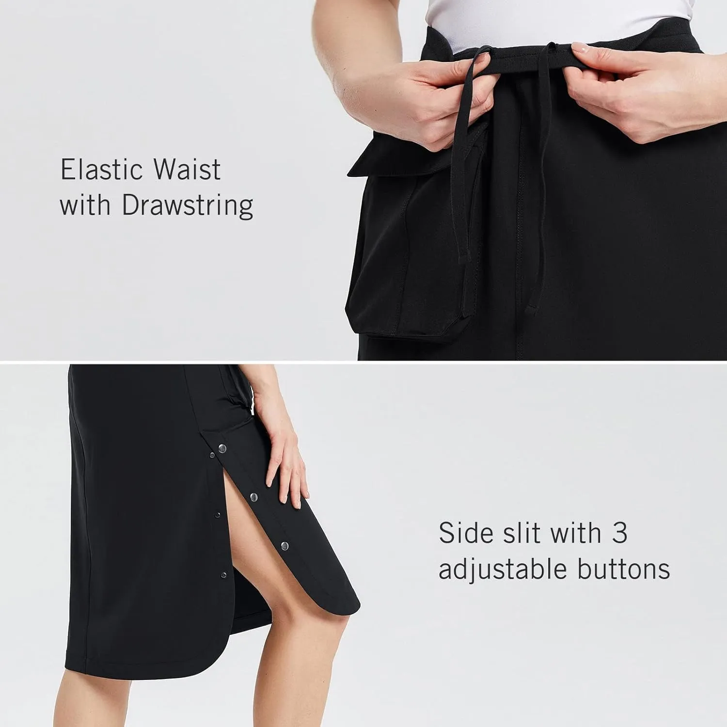 baleaf Women's Long Casual Skirt Pocket with Slit 26.5" Midi Calf Length Elastic Waist Stretch for Travel