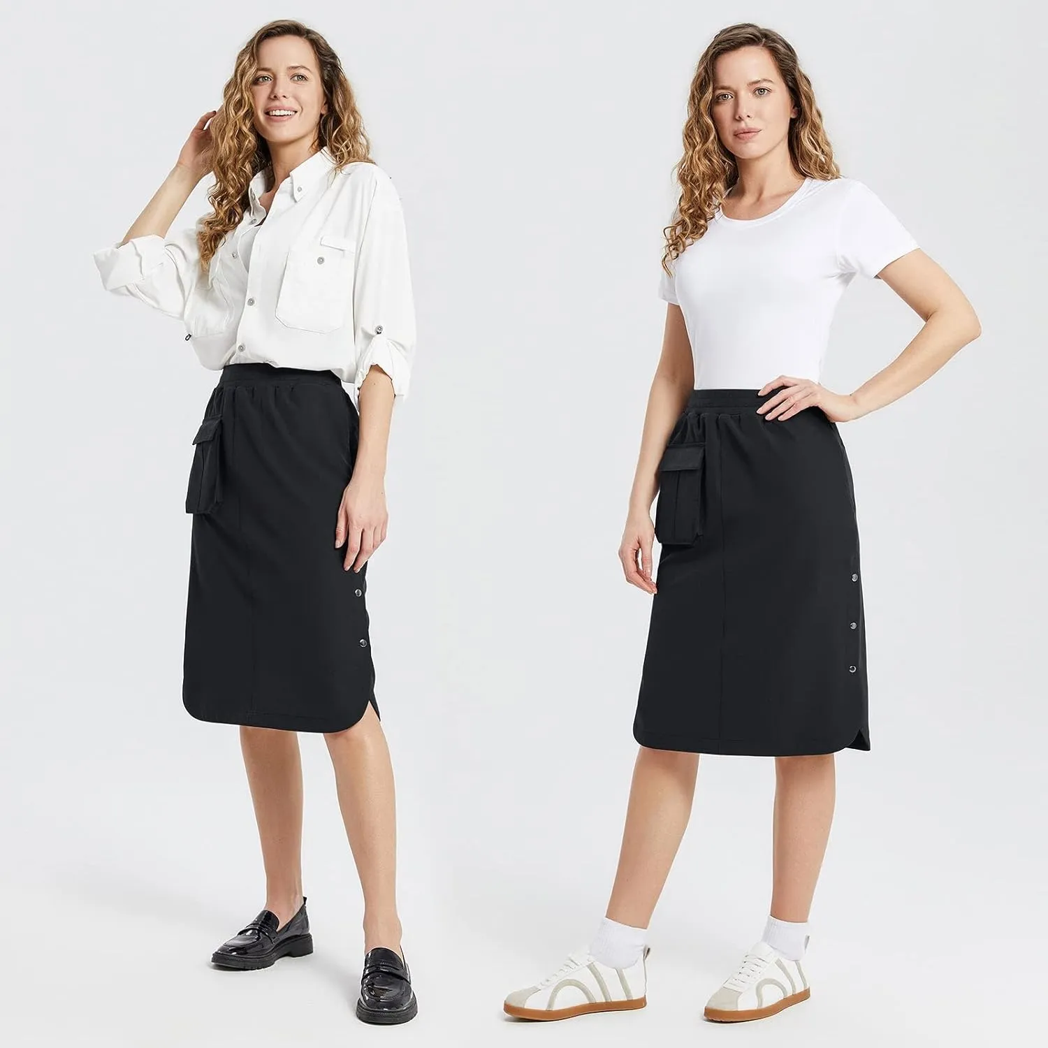 baleaf Women's Long Casual Skirt Pocket with Slit 26.5" Midi Calf Length Elastic Waist Stretch for Travel