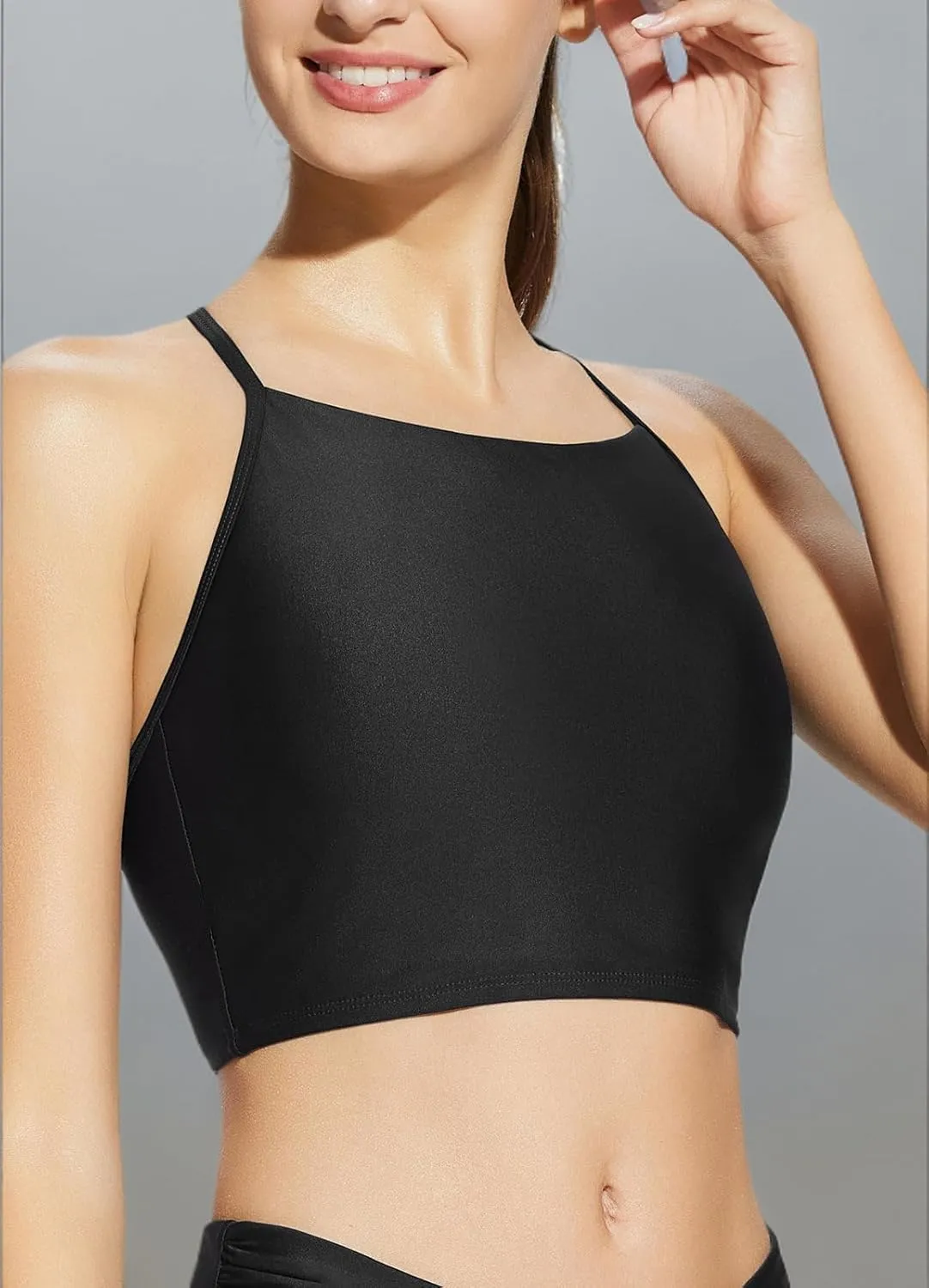 baleaf Women's Longline Bikini Top Lace Up Crisscross Swim Crop Tops High Neck Swimsuit Bra Padded