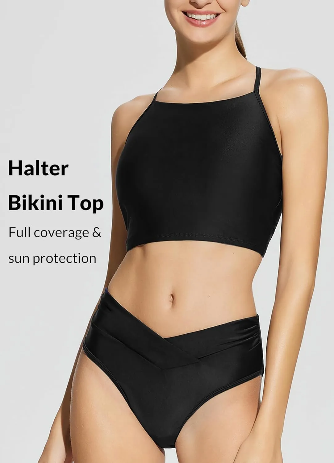 baleaf Women's Longline Bikini Top Lace Up Crisscross Swim Crop Tops High Neck Swimsuit Bra Padded