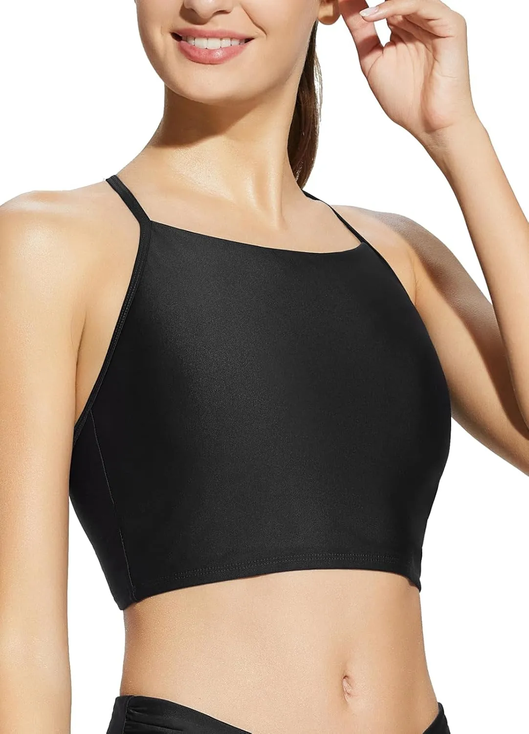 baleaf Women's Longline Bikini Top Lace Up Crisscross Swim Crop Tops High Neck Swimsuit Bra Padded