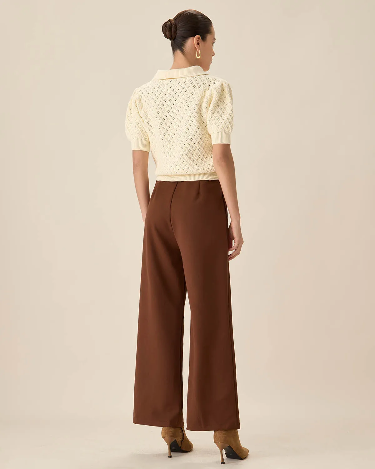 Beige Knit Short Sleeve Blouse