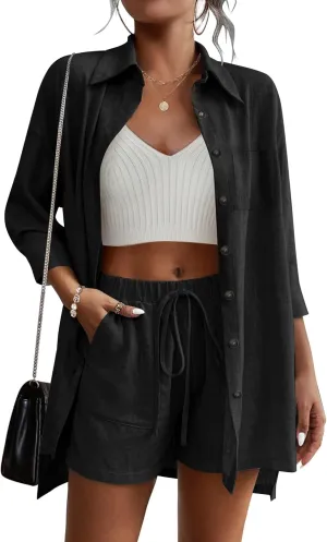 Beyove Women's Cotton Linen Set Casual Tracksuit Button Down 3/4 Sleeve Shirt Drawstring Shorts Pockets 2 Piece Lounge Set
