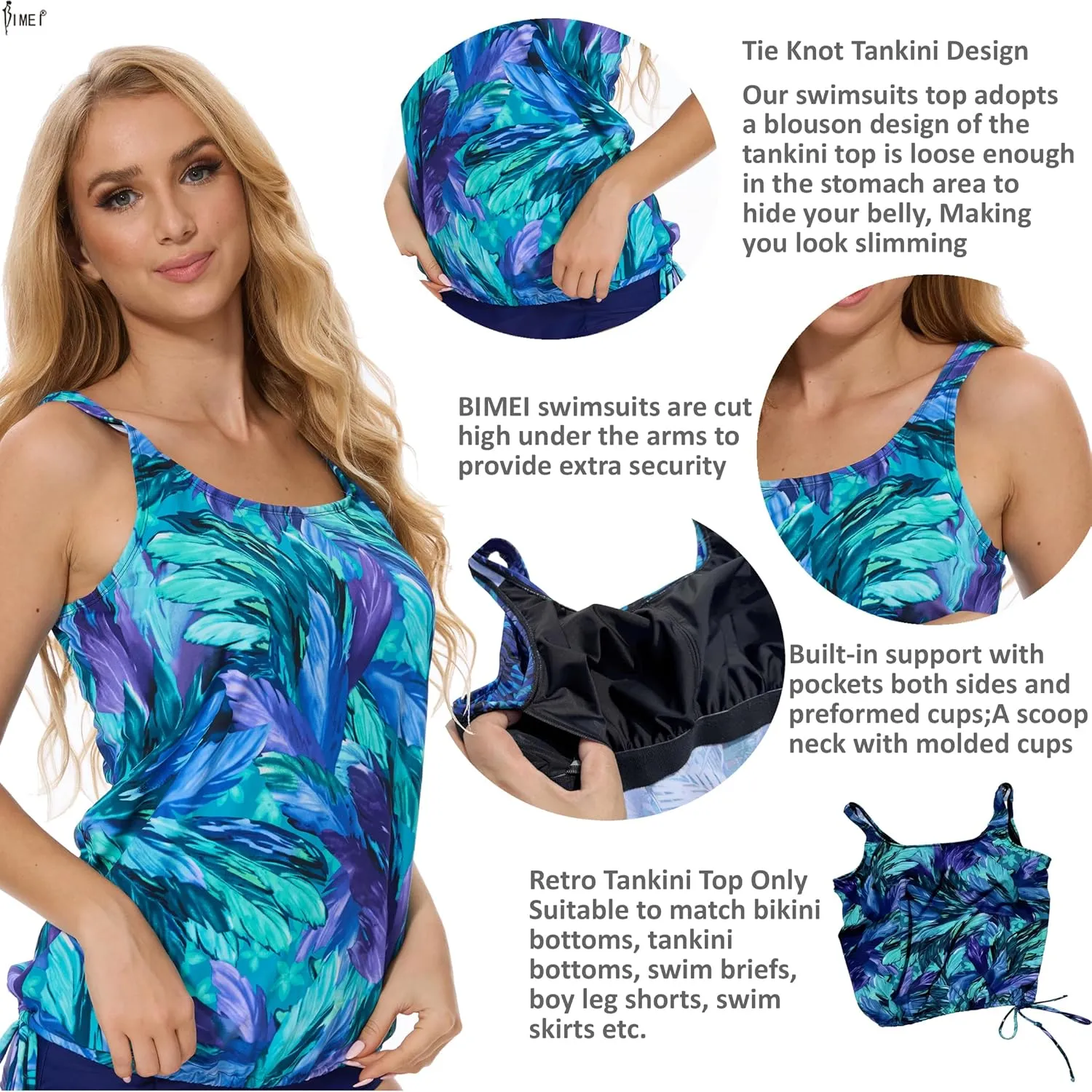BIMEI Women's Mastectomy Tankini Top Swimsuit Pocketed Swimwear Side Tie High Neck Bathing Swim Tops,238