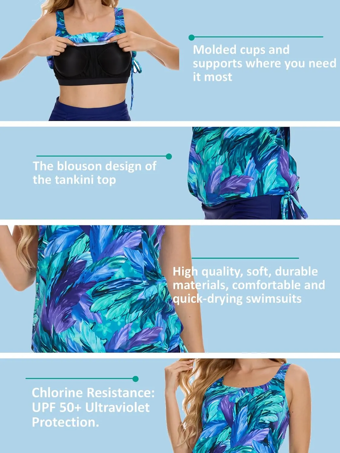 BIMEI Women's Mastectomy Tankini Top Swimsuit Pocketed Swimwear Side Tie High Neck Bathing Swim Tops,238