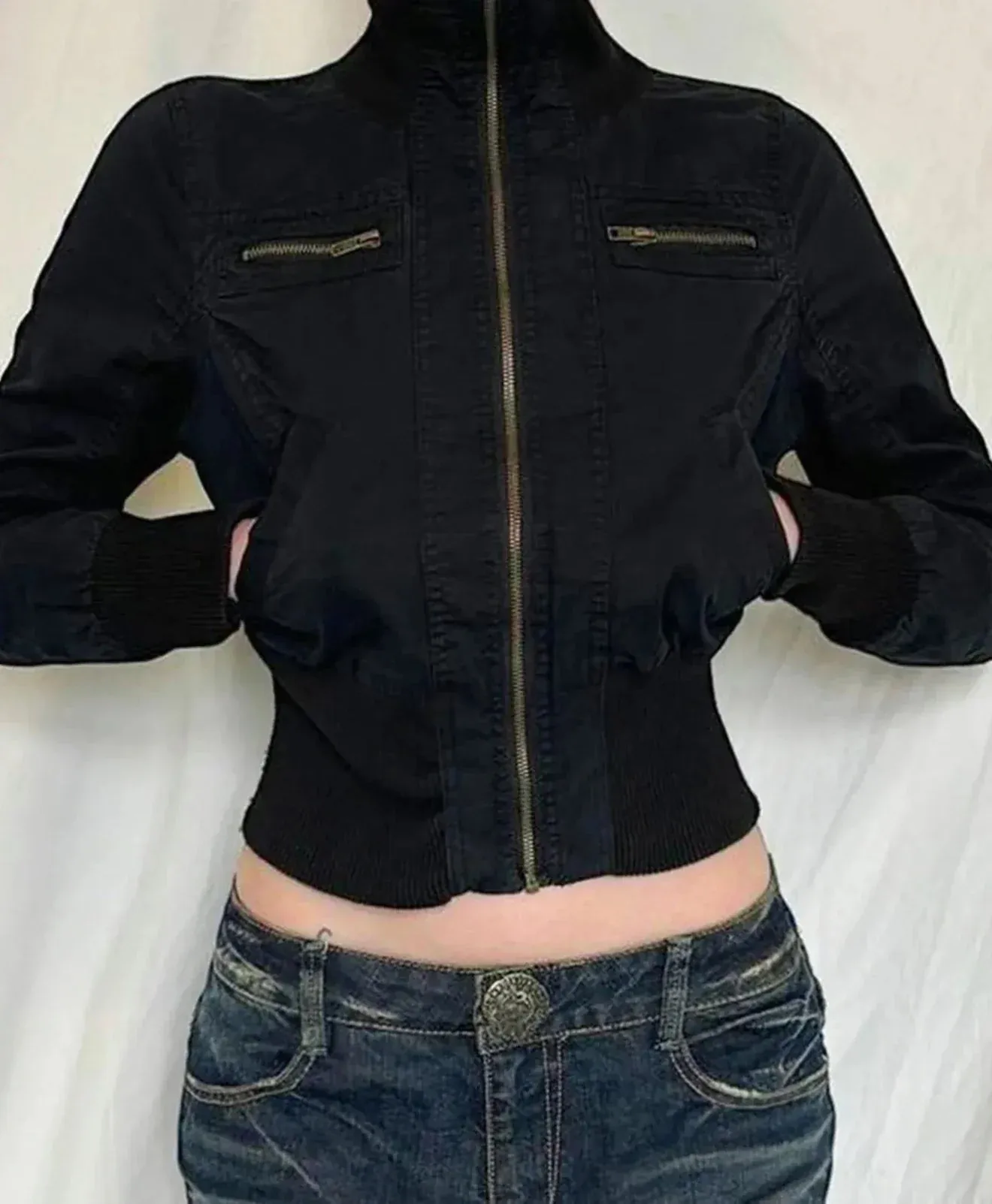 binfenxie Y2k Vintage Streetwear Medium-high Neckline Zipper Jacket Tops All Match Waist Slimming Woven Short Coats Korean Solid