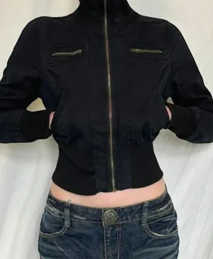 binfenxie Y2k Vintage Streetwear Medium-high Neckline Zipper Jacket Tops All Match Waist Slimming Woven Short Coats Korean Solid