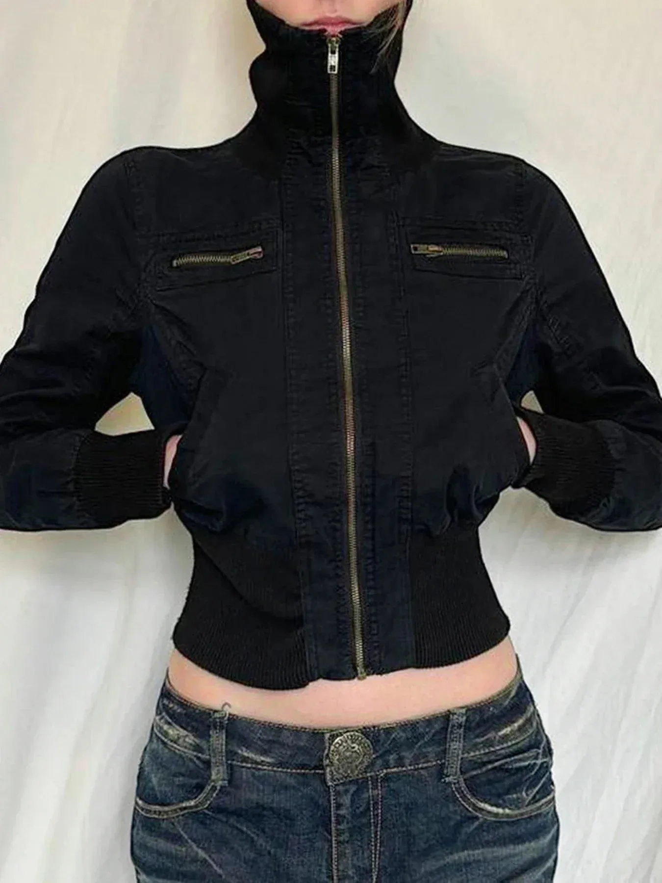 binfenxie Y2k Vintage Streetwear Medium-high Neckline Zipper Jacket Tops All Match Waist Slimming Woven Short Coats Korean Solid
