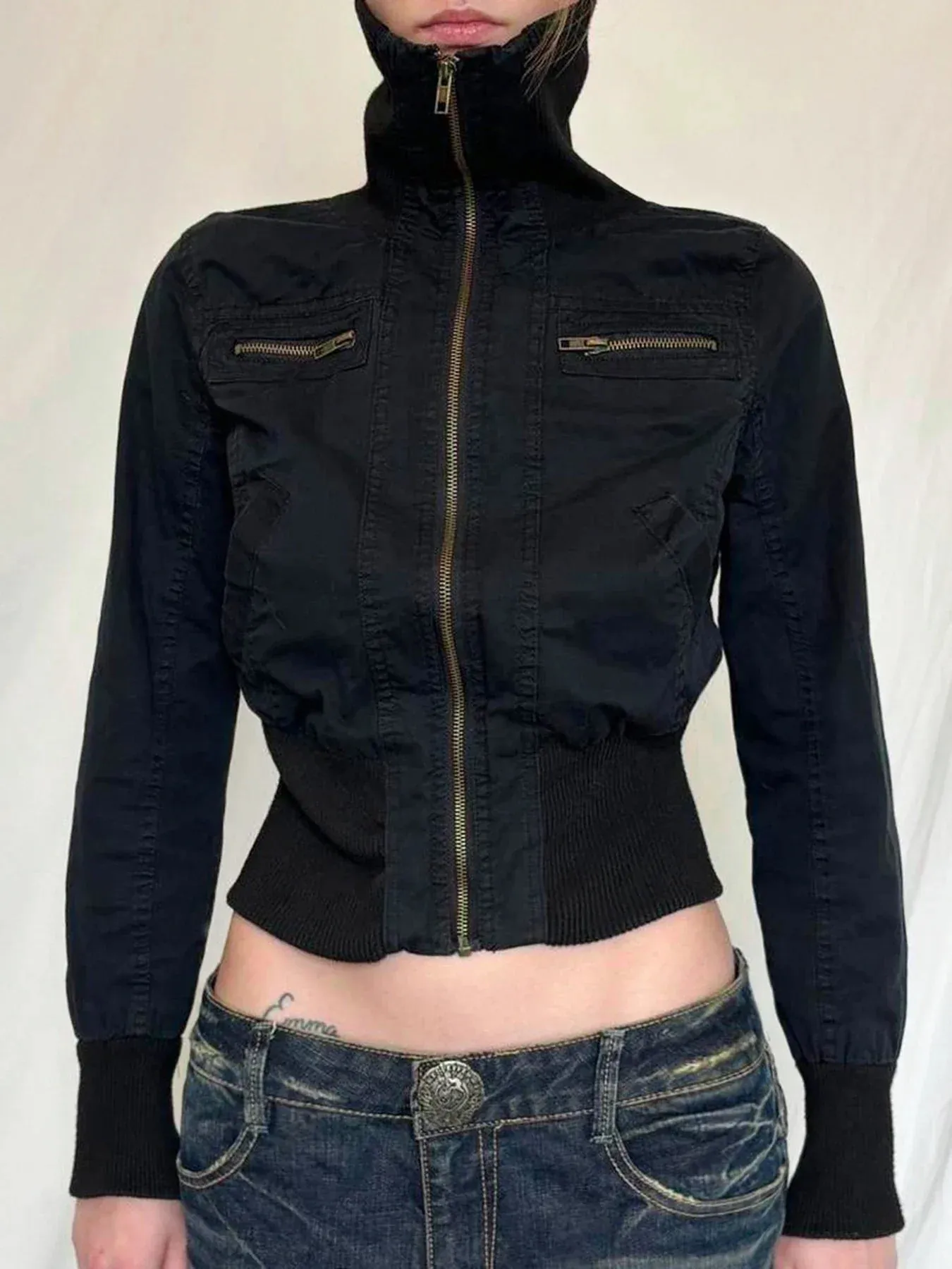 binfenxie Y2k Vintage Streetwear Medium-high Neckline Zipper Jacket Tops All Match Waist Slimming Woven Short Coats Korean Solid