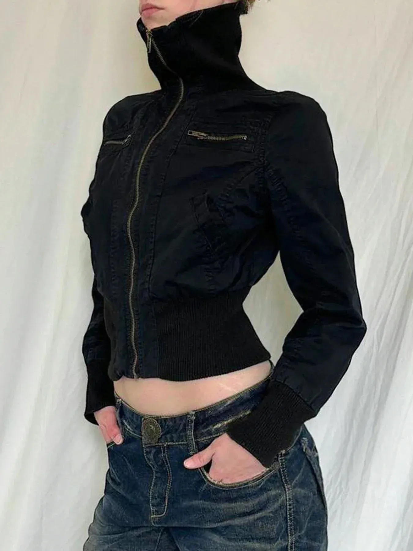 binfenxie Y2k Vintage Streetwear Medium-high Neckline Zipper Jacket Tops All Match Waist Slimming Woven Short Coats Korean Solid