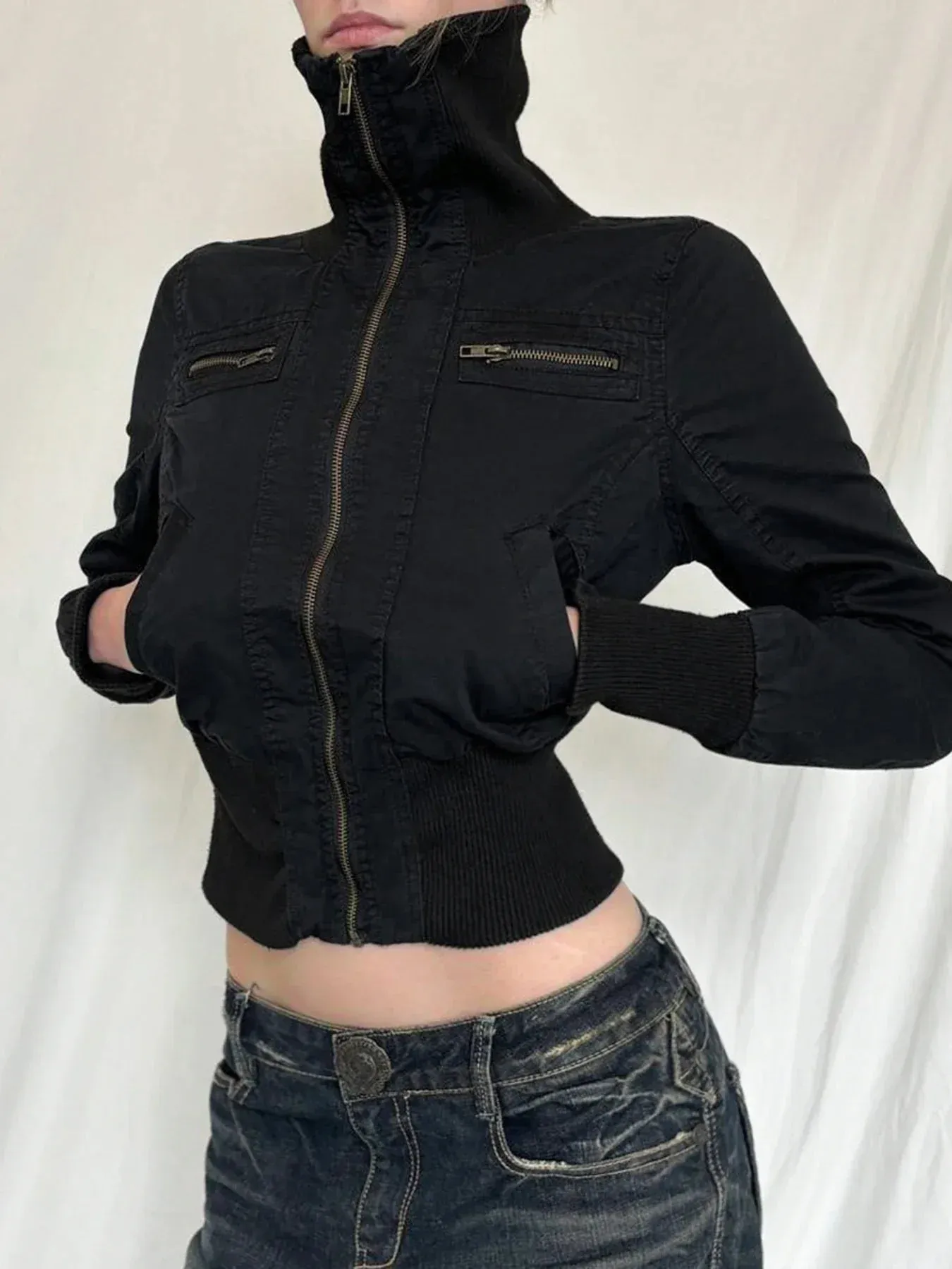 binfenxie Y2k Vintage Streetwear Medium-high Neckline Zipper Jacket Tops All Match Waist Slimming Woven Short Coats Korean Solid