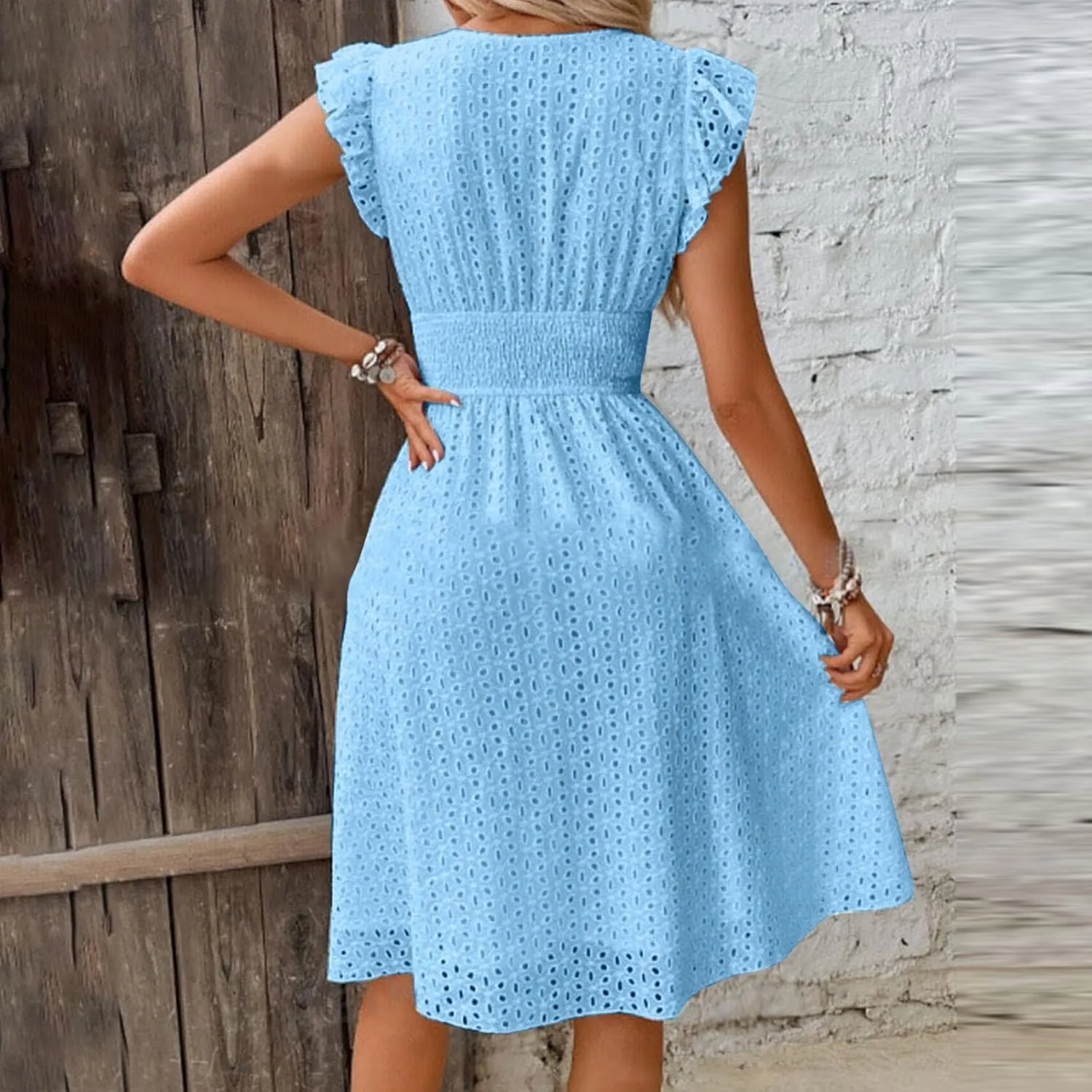 Binmer Women Summer Casual Sleeveless Dress Elastic Smocked Waist Wrap V Neck Sundress Hollow Out Eyelet Swing Beach Dresses