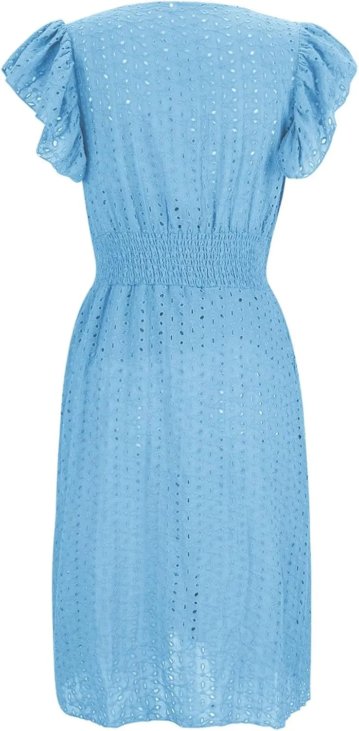Binmer Women Summer Casual Sleeveless Dress Elastic Smocked Waist Wrap V Neck Sundress Hollow Out Eyelet Swing Beach Dresses