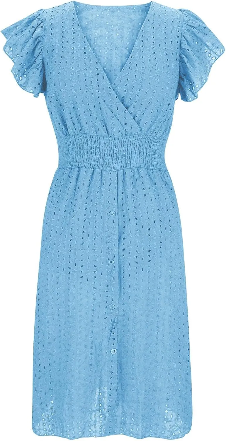 Binmer Women Summer Casual Sleeveless Dress Elastic Smocked Waist Wrap V Neck Sundress Hollow Out Eyelet Swing Beach Dresses